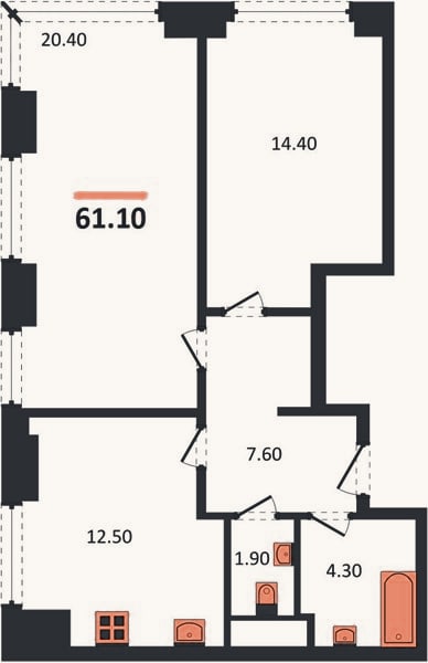 Планировка: 2-к, 61,1 м²