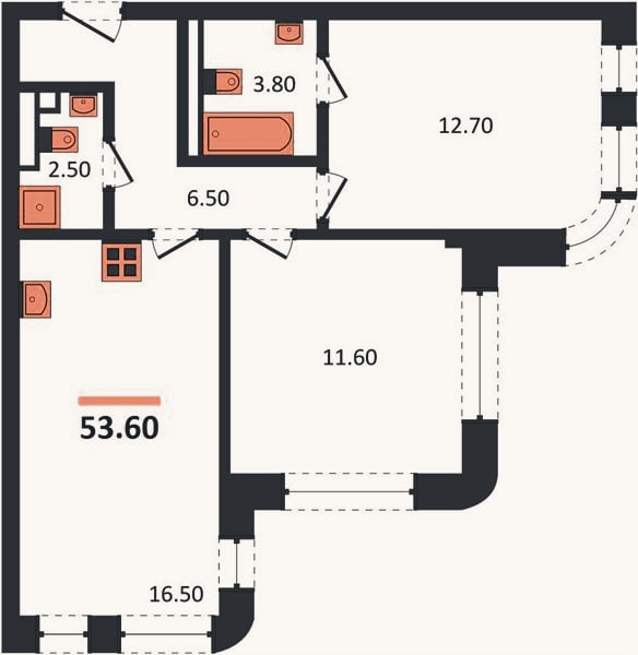 Планировка: 2-к, 53,6 м²