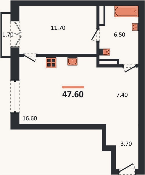 Планировка: 1-к, 47,6 м²