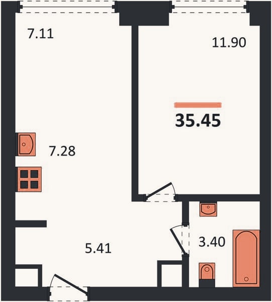 Планировка: 1-к, 35,5 м²