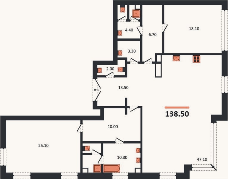 Планировка: 2-к, 138,5 м²