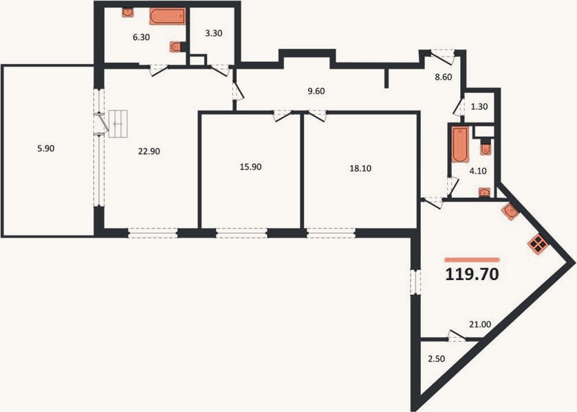 Планировка: 3-к, 119,7 м²
