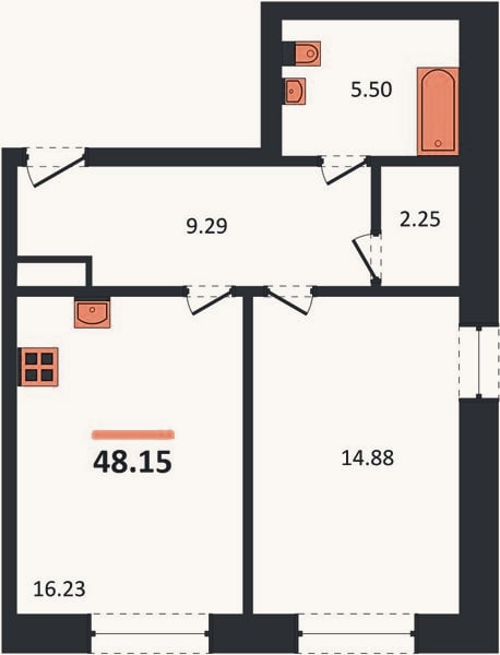 Планировка: 1-к, 48,2 м²