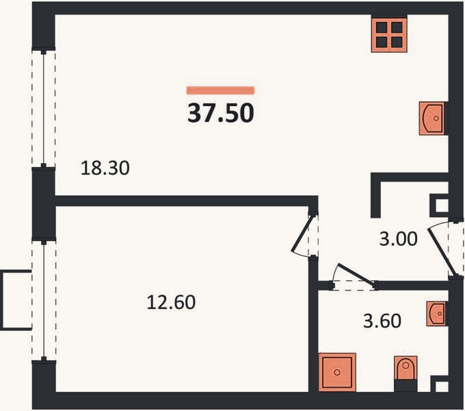 Планировка: 1-к, 37,4 м²