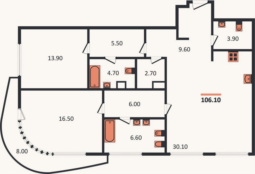 Планировка: 2-к, 106,1 м²