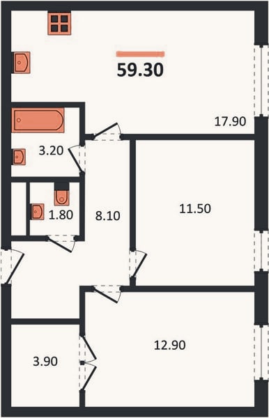 Планировка: 2-к, 60,9 м²