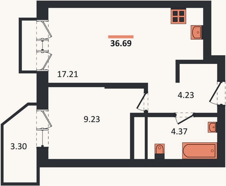 Планировка: 1-к, 36,7 м²