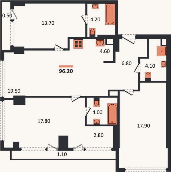 Планировка: 3-к, 96,2 м²