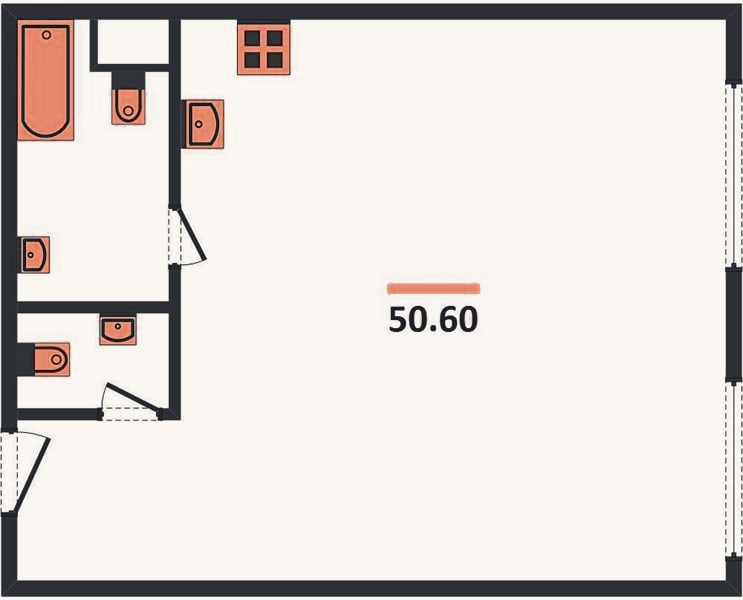 Планировка: 1-к, 50,6 м²