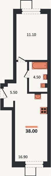 Планировка: 1-к, 38 м²