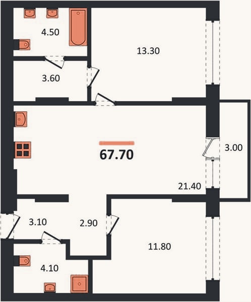 Планировка: 2-к, 67,7 м²