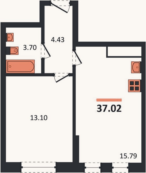 Планировка: 1-к, 37 м²