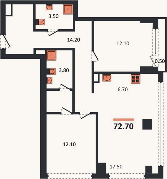Планировка: 2-к, 72,7 м²
