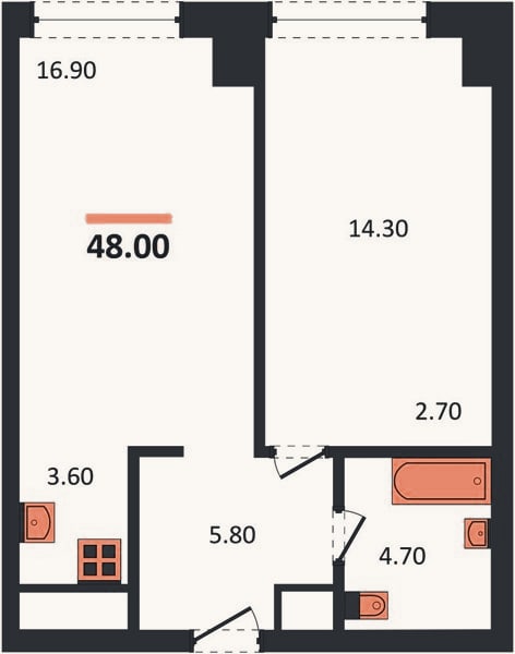 Планировка: 1-к, 48 м²