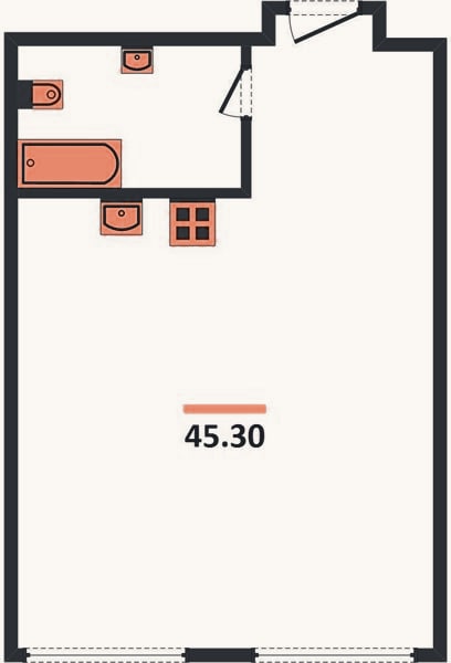 Планировка: 1-к, 45,3 м²