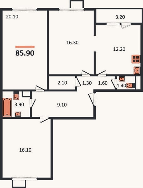 Планировка: 3-к, 85,9 м²