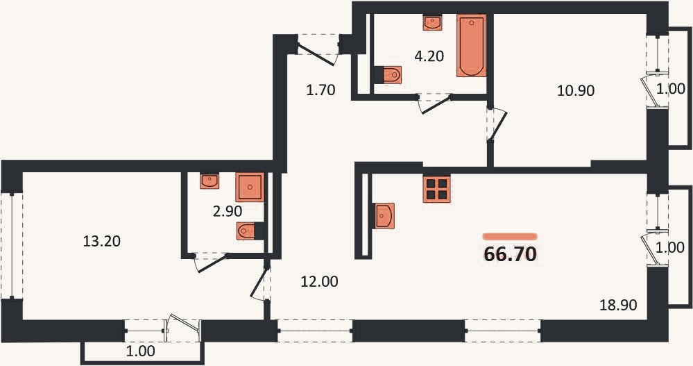 Планировка: 2-к, 66,6 м²