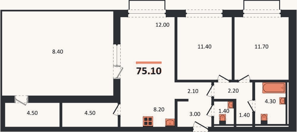 Планировка: 2-к, 75,1 м²