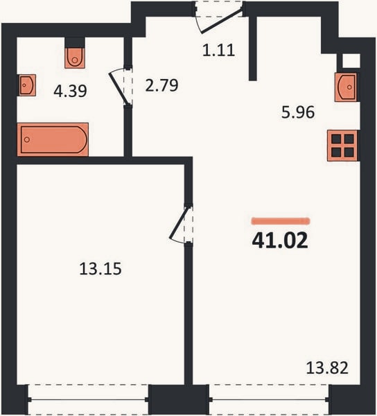 Планировка: 1-к, 41 м²