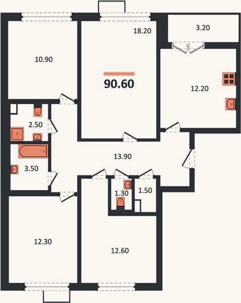 Планировка: 4+ к, 90,6 м²