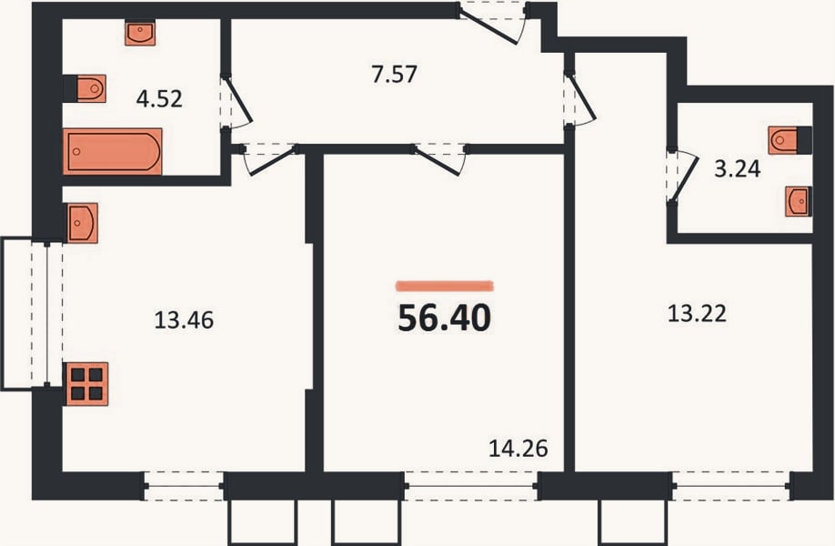 Планировка: 2-к, 56,4 м²