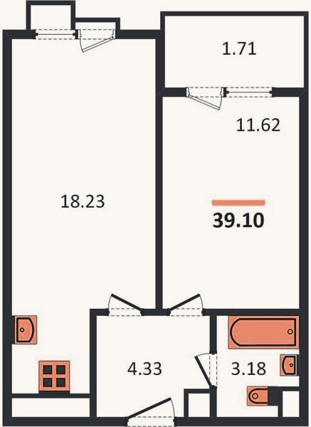 Планировка: 1-к, 39,1 м²