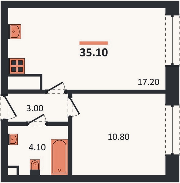Планировка: 1-к, 35,1 м²