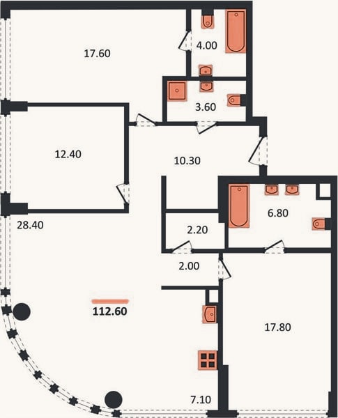Планировка: 3-к, 112,6 м²
