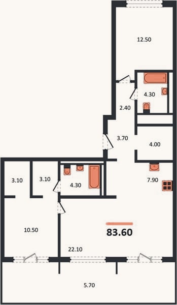 Планировка: 2-к, 83,6 м²