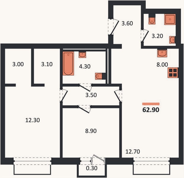 Планировка: 2-к, 62,9 м²