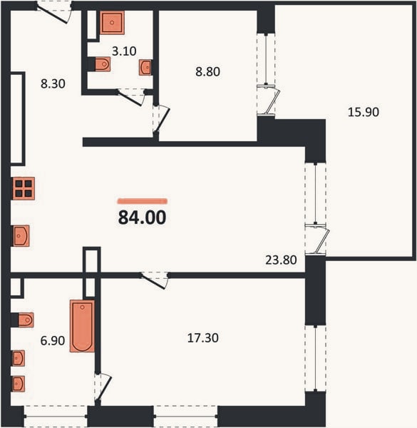 Планировка: 2-к, 84 м²