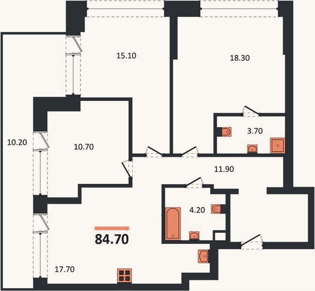 Планировка: 3-к, 84,7 м²