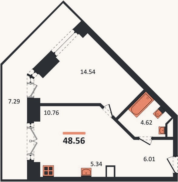 Планировка: 1-к, 48,6 м²