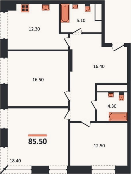Планировка: 3-к, 85,5 м²