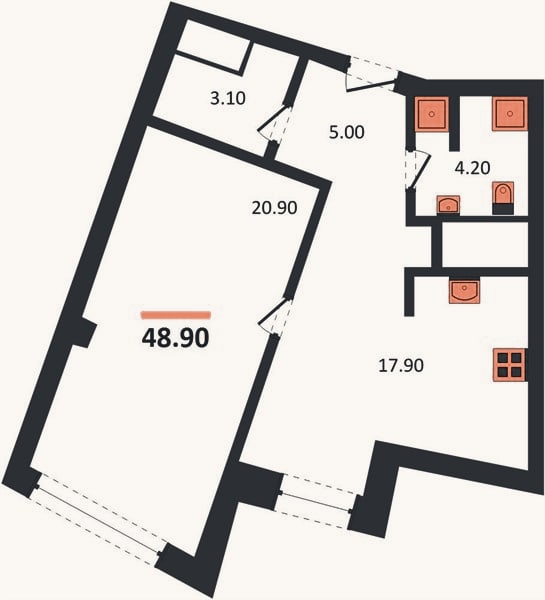Планировка: 1-к, 48,9 м²