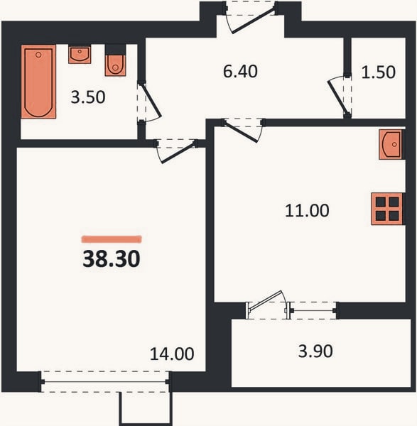 Планировка: 1-к, 38,3 м²