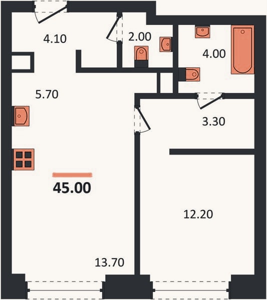 Планировка: 1-к, 45 м²