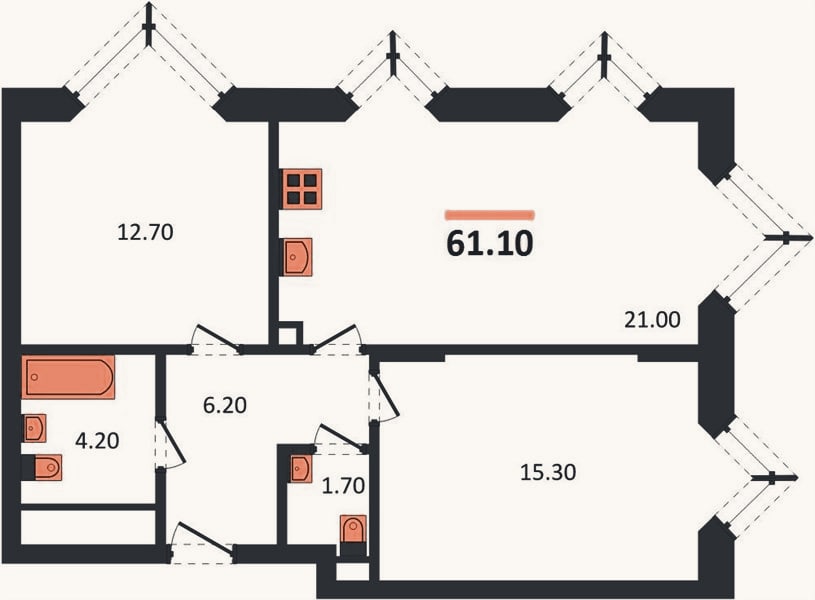 Планировка: 2-к, 61,1 м²