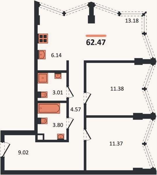 Планировка: 2-к, 62,5 м²