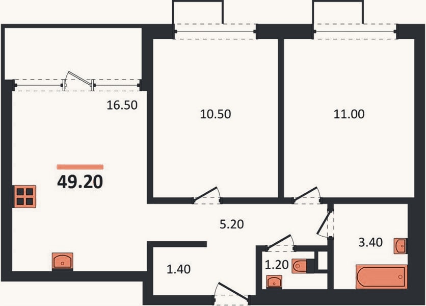 Планировка: 2-к, 49,2 м²