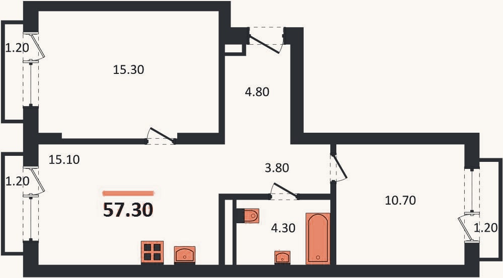 Планировка: 2-к, 57,3 м²