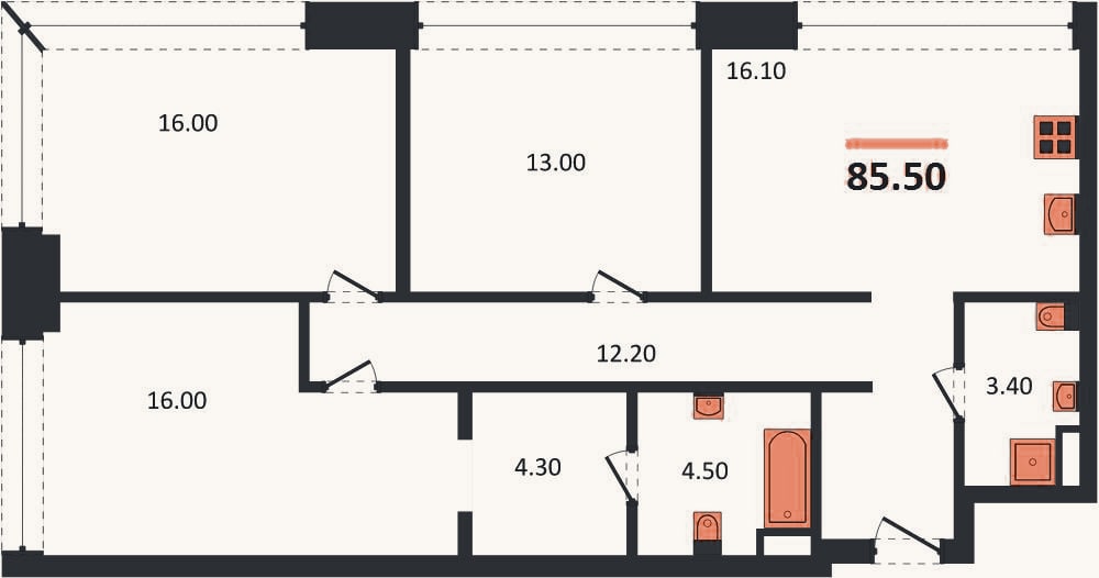 Планировка: 3-к, 85,5 м²