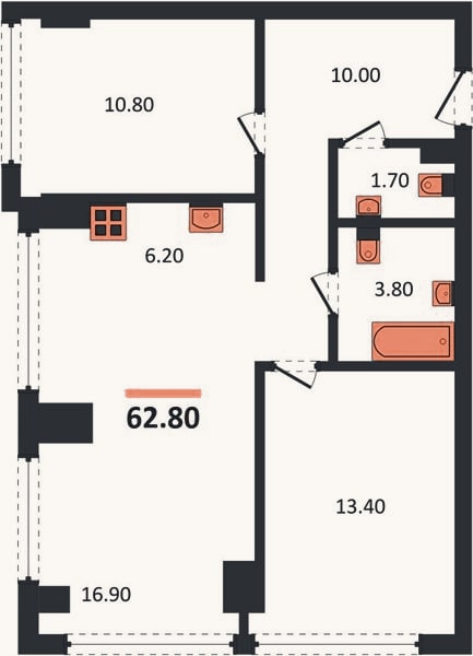 Планировка: 2-к, 62,8 м²