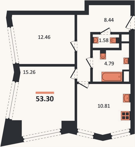 Планировка: 2-к, 53,3 м²