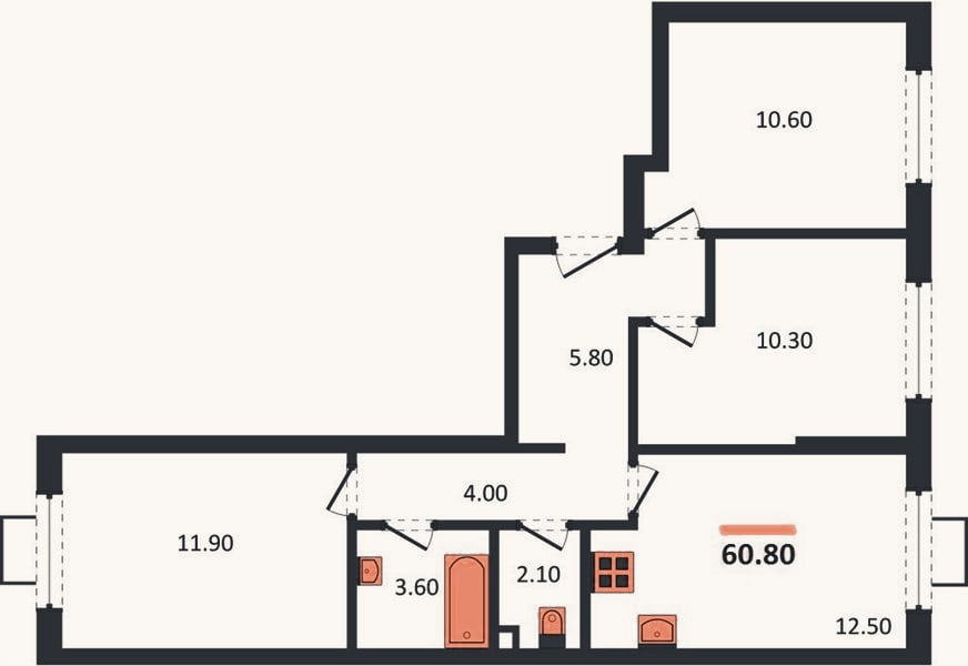 Планировка: 3-к, 60,8 м²