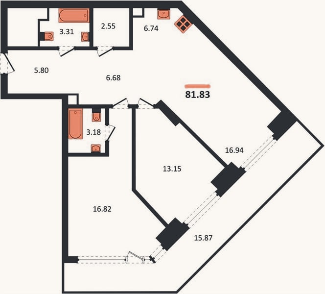 Планировка: 2-к, 81,8 м²
