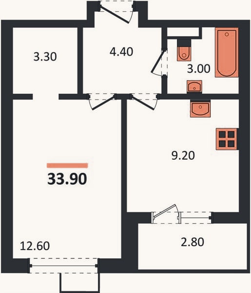Планировка: 1-к, 33,9 м²