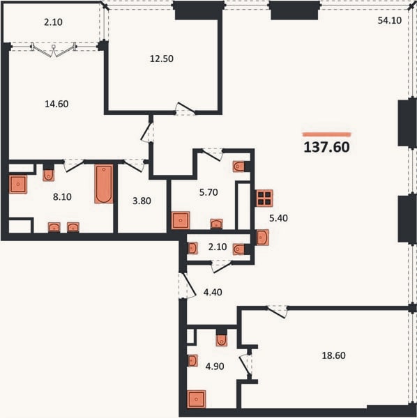 Планировка: 3-к, 137,6 м²