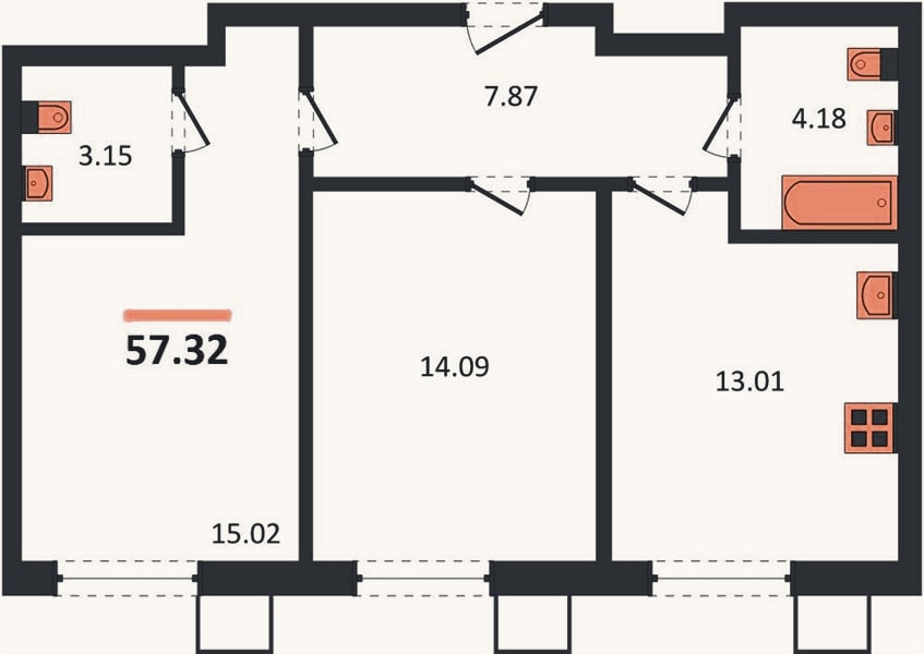 Планировка: 2-к, 57,3 м²