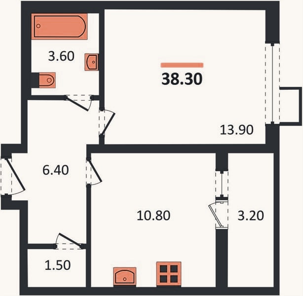 Планировка: 1-к, 38,3 м²